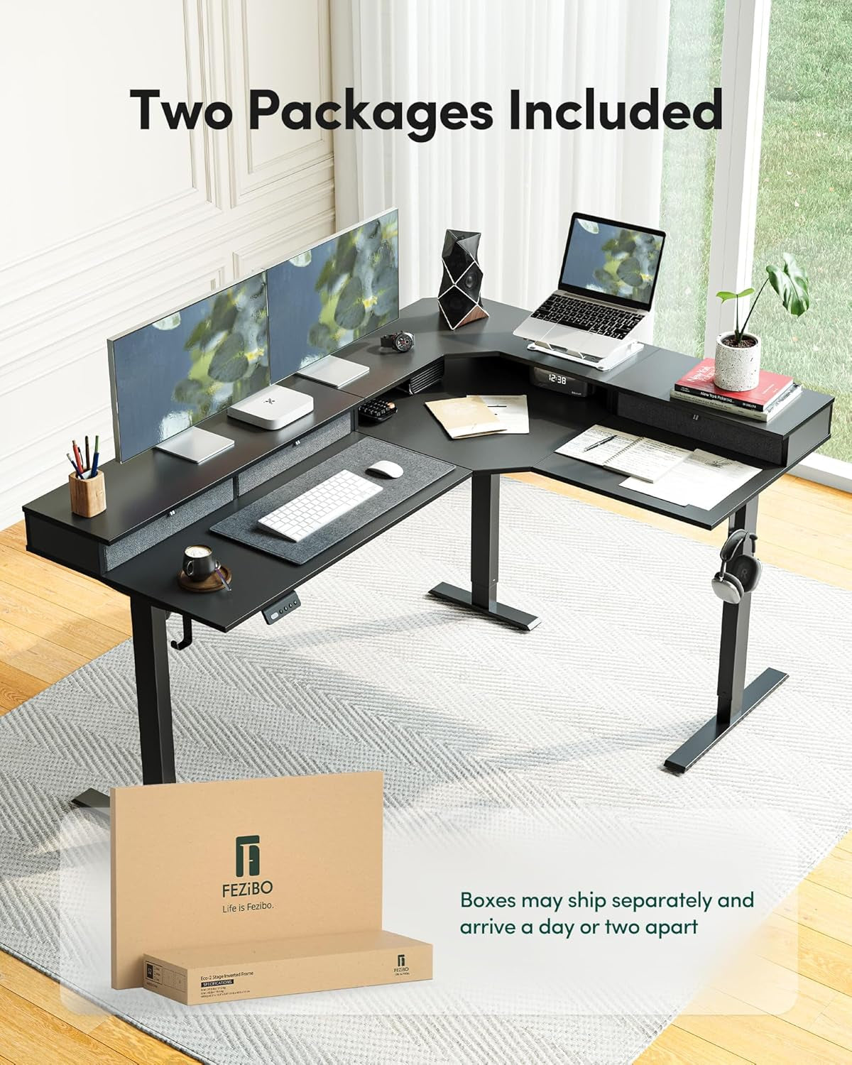L Shaped Electric Standing Desk, 63 X48 Inch Large with Drawers | Reversible Tabletop, 2 Memory Height Settings | Home Office & Gaming Height-Adjustable Table, Black Top/Black Frame(2 Packages)