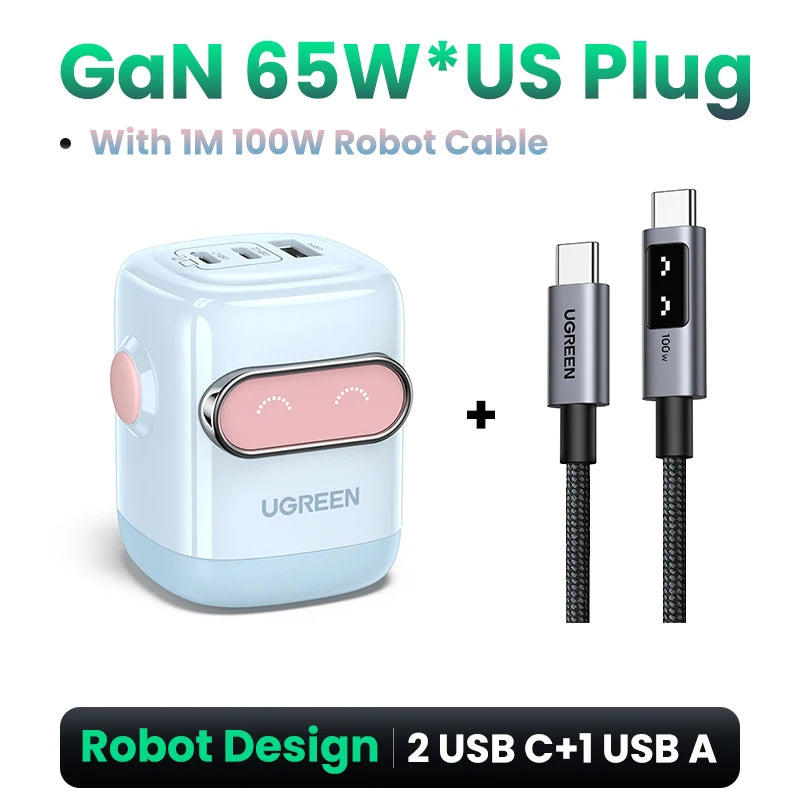 【US Plug】 65W 30W Gan Charger Robot Design QC4.0 3.0 PPS for Iphone 17 16 15 Pro Macbook Laptops Tablet PD3.0 Fast Charg