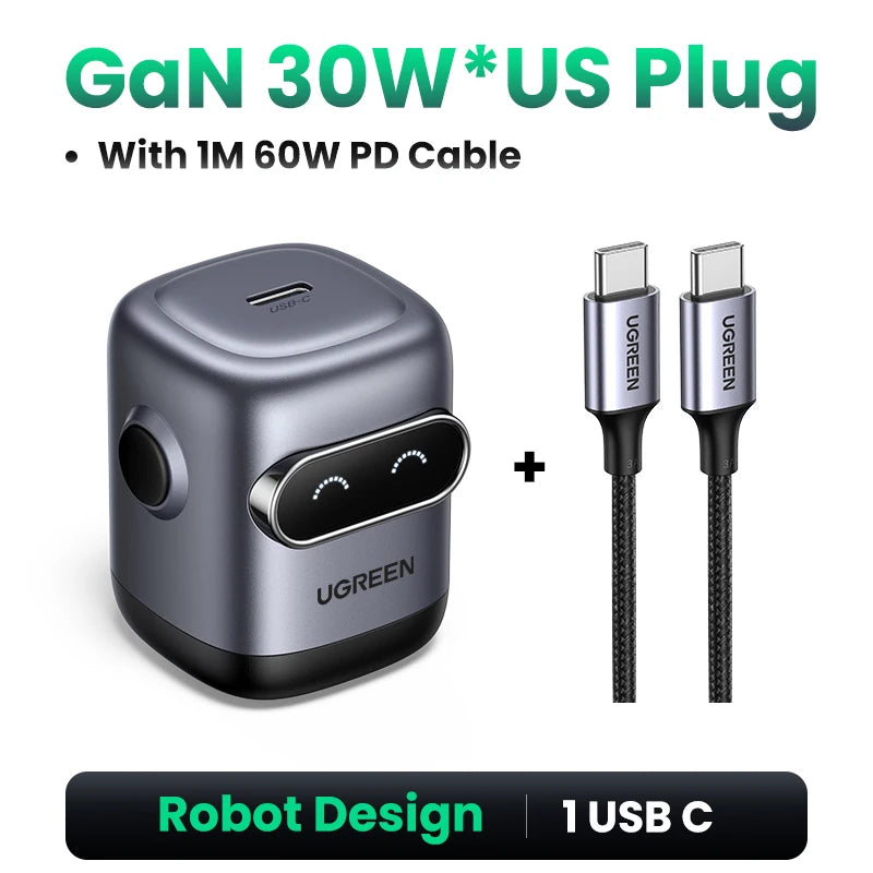 【US Plug】 65W 30W Gan Charger Robot Design QC4.0 3.0 PPS for Iphone 17 16 15 Pro Macbook Laptops Tablet PD3.0 Fast Charg