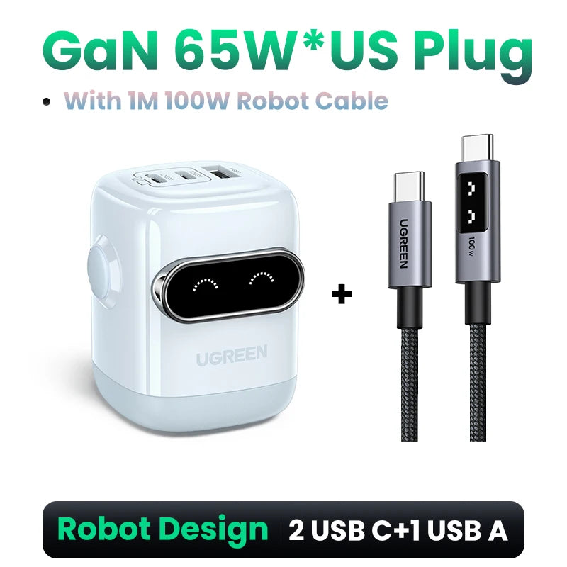 【US Plug】 65W 30W Gan Charger Robot Design QC4.0 3.0 PPS for Iphone 17 16 15 Pro Macbook Laptops Tablet PD3.0 Fast Charg