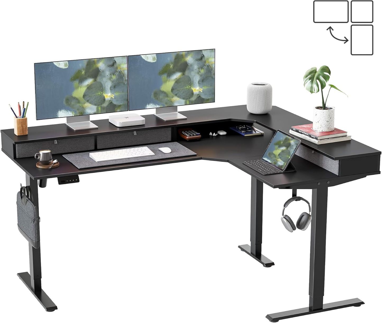 L Shaped Electric Standing Desk, 63 X48 Inch Large with Drawers | Reversible Tabletop, 2 Memory Height Settings | Home Office & Gaming Height-Adjustable Table, Black Top/Black Frame（2 Packages）