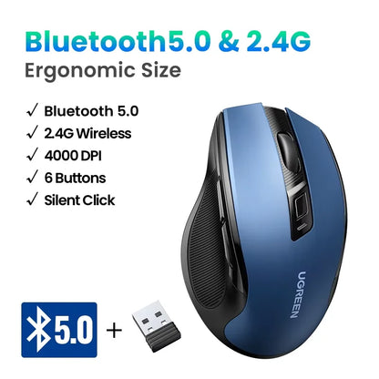 Wireless Mouse Bluetooth5.0 Mouse Ergonomic 4000DPI 6 Mute Buttons Mouse for Macbook Tablet Laptops Computer PC 2.4G Mice